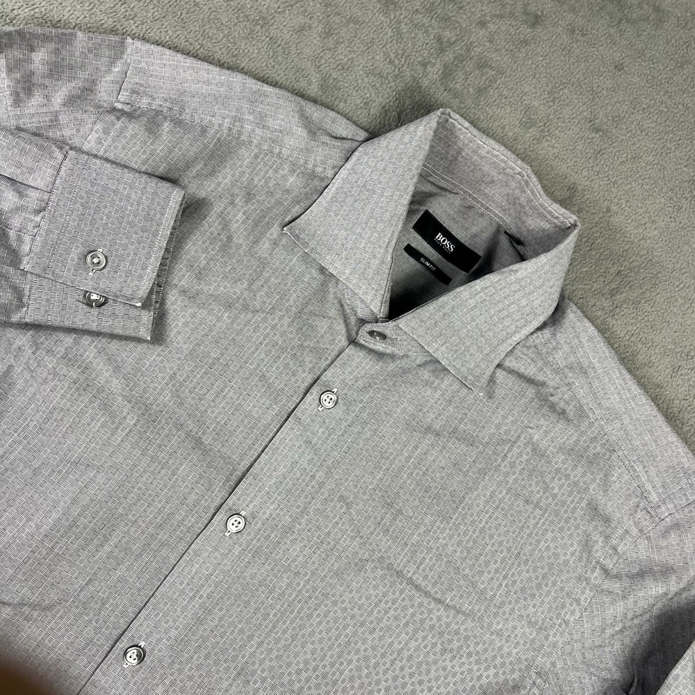 Hugo Boss Mens 41 16 Long Sleeve Button Up Shirt Gray Slim Fit